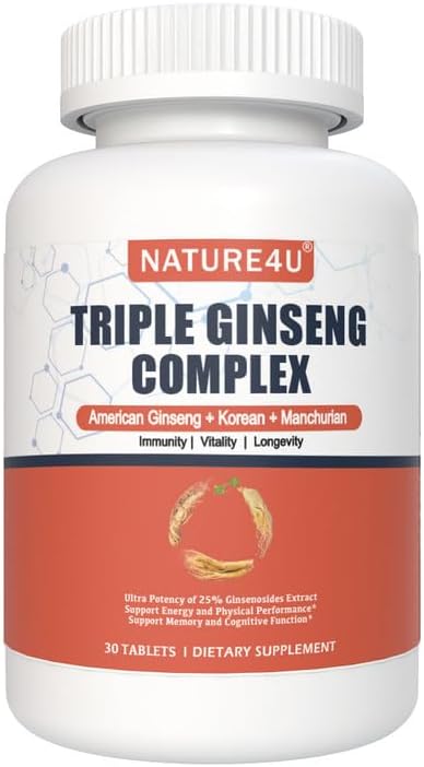 Triple Ginseng Complex, Ultra Potency 15% Ginsenosides from 3 Panax Ginseng Extract for Energy, Memory, Vitality & Immune Support, Healthy Aging for Elderly, 30 Tablets