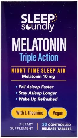 Melatonin Triple Action, with L-Theanine, Fall Asleep Faster, Wake Up Refreshed, 30 Tablets, 30 Servings