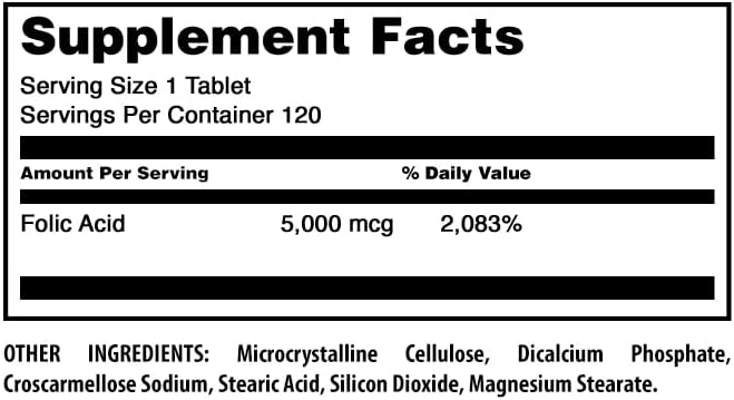 Amazing Formulas Folic Acid (Vitamin B9) Supplement | 5000 Mcg per Serving | 120 Tablets | Non-GMO | Gluten-Free | Made in USA