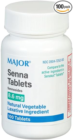 Major Senna 8.6 mg Natural Vegetable Laxative Tablets - Made with Sennosides - Promotes Occasional Constipation Relief - 100 Tablets