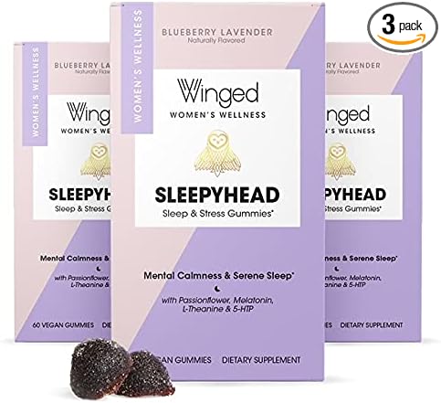 Winged Sleepyhead Gummies | Non-Habit Forming Natural Sleep Supplement | 8 Powerful Nutrients with Melatonin, L-Theanine, 5-HTP, Passionflower & Lemon Balm | Blueberry Lavender Flavor (90 Servings)