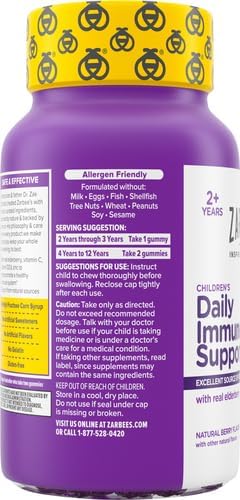Zarbee's Elderberry Gummies for Kids with Vitamin C; Zinc & Elderberry; Daily Childrens Immune Support Vitamins Gummy for Children Ages 2 and Up; Natural Berry Flavor; 21 Count