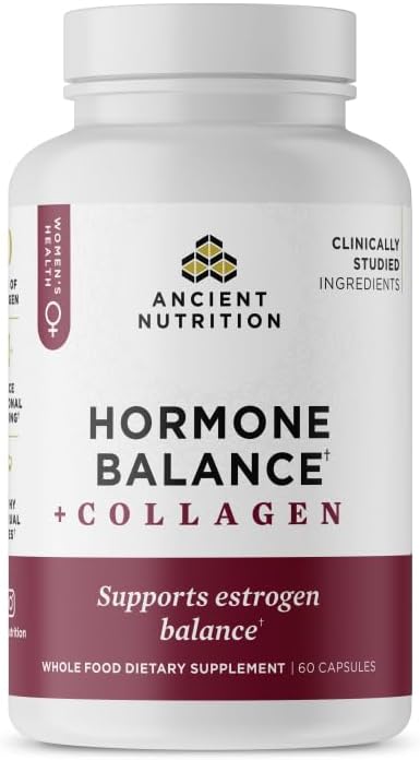 Ancient Nutrition Hormone Balance + Collagen Supplement, Hydrolyzed Collagen Peptides, Key Clinically Validated Ingredient to Support Balanced Hormones and Boost Energy, 60 Capsules