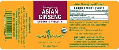 Herb Pharm Asian (Panax) Ginseng Liquid Extract for Energy and Stamina Support - 1 Ounce