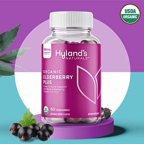 Hyland's Organic Elderberry Plus Gummies, Organic Black Elderberry with ZINC and Vitamin C, Immune Support Supplement for Adults, 60 Vegan Gummies (30 Days)