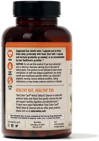 Naturewise Total Colon Care Herbal Cleanse - With Prebiotics, Botanicals, & Antioxidants - for Regular Bowel Movement, Digestion, Gut Health - Vegan, Gluten-Free, Non-GMO - 60 Capsules[2-Month Supply]
