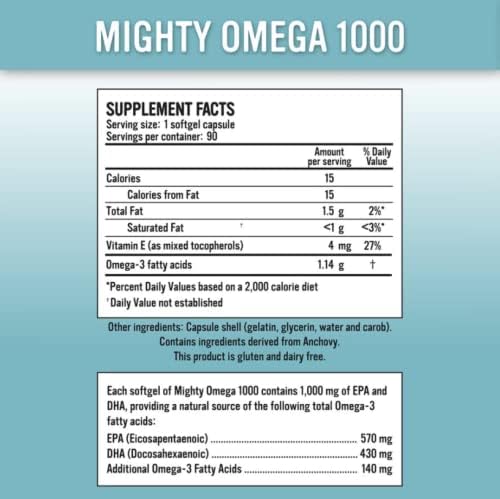Mighty Omega 1000 Potent Omega 3 Supplement 1000 MG EPA DHA Per Capsule High Dose Omega 3 Fish Oil South Pacific Anchovy Sourced - Triglyceride Omega 3 Fatty Acid Supplement