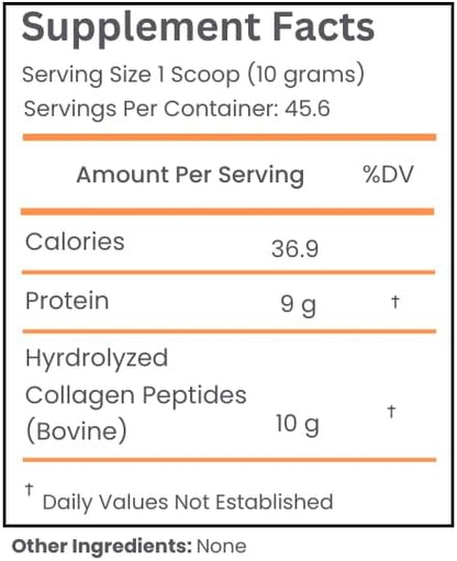 Hydrolyzed Collagen Peptides Powder, Adult Nutritional Supplement, Grass-Fed, Dairy-Free, Gluten-Free, 10g Serving, 46 Servings, Pouch
