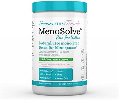 Greens First MenoSolve Plus Probiotics Powder - Natural Relief for Menopause Symptoms - Non-GMO/Dairy-Free/Soy-Free - with Red Clover Flower, Magnesium & Moringa Leaf (30 Servings)