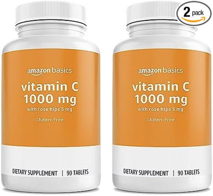 Amazon Basics Vitamin C 1000 mg with Rose HIPS 5mg, 90 Tablets (1 per Serving), Gluten Free (Pack of 2)