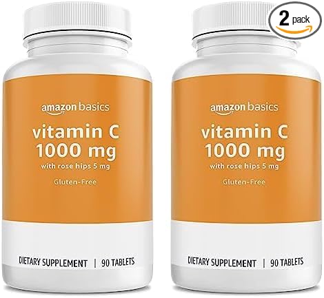 Amazon Basics Vitamin C 1000 mg with Rose HIPS 5mg, 90 Tablets (1 per Serving), Gluten Free (Pack of 2)