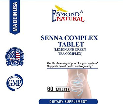 (3 Pack) Esmond Natural: Senna Complex Tablet - Lemon & Green Tea (Bowl Health, Cleansing & Regularity), GMP, Natural Product Assn Certified, Made in USA - 620mg, 180 Tablets