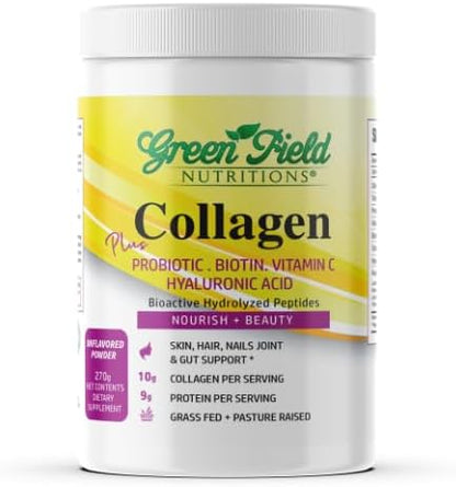 Greenfield Nutritions Halal Collagen Peptides Powder - 9g Halal Protein Probiotic, Biotin, Hyaluronic Acid & Vitamin C - 270g Halal Collagen for Women & Men - Supports Hair, Skin, Nails, Joints & Gut