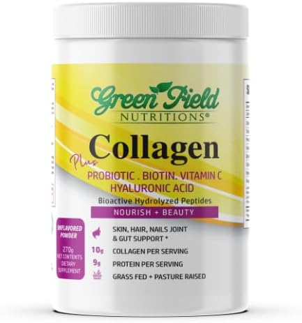 Greenfield Nutritions Halal Collagen Peptides Powder - 9g Halal Protein Probiotic, Biotin, Hyaluronic Acid & Vitamin C - 270g Halal Collagen for Women & Men - Supports Hair, Skin, Nails, Joints & Gut