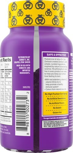 Zarbee's Elderberry Gummies for Kids with Vitamin C; Zinc & Elderberry; Daily Childrens Immune Support Vitamins Gummy for Children Ages 2 and Up; Natural Berry Flavor; 21 Count