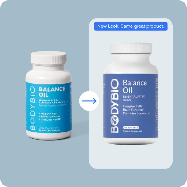 BodyBio Omega Oils 3 & 6 - Essential Fatty Acids for Brain and Heart Health | Organic Safflower and Flax Seed Oil Blend | Cold-Pressed Oils | DHA EPA | Balance Oil 60 Softgel
