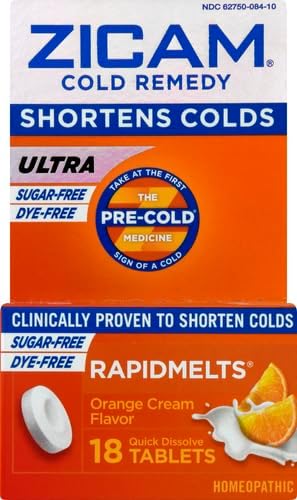 Zicam Ultra Cold Remedy Zinc Rapidmelts, Orange Cream Flavor, Homeopathic, Cold Shortening Medicine, Shortens Cold Duration, Sugar-Free, Dye-Free, 18 Count (Pack of 2)