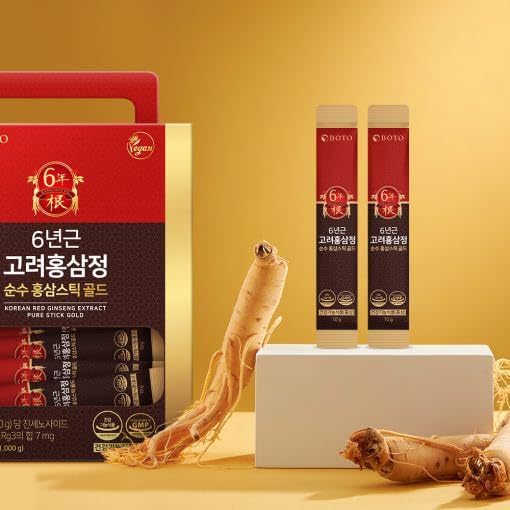BOTO 6 Years Korean Red Ginseng Gold Extract Natural Energy Supplements Nitric Oxide Brain Natural Immune Support Liquid Portable Sticks 30 Sachet for 1 Month