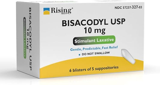 Rising Health - Fast Relief Medicated Laxative Suppositories - Rectal Use Only, Bisacodyl 10 mg - Stimulant Laxative - Constipation Relief - Works in 15 Minutes to 1 Hour (30 Count, 30, Count)