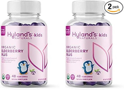 Hyland's Kids Organic Elderberry Plus Gummies, Organic Black Elderberry with ZINC and Vitamin C, Immune Support for Children, 48 Vegan Gummies (Pack of 2)