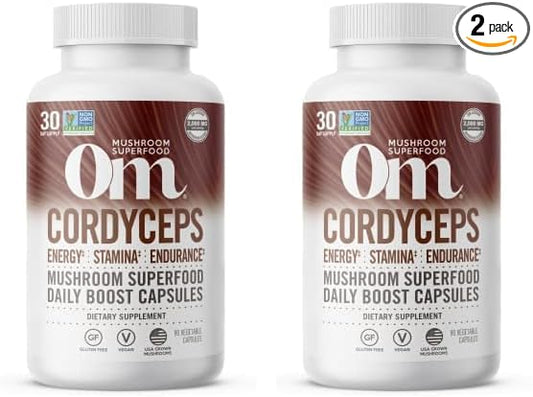Om Mushroom Superfood Cordyceps Mushroom Capsules Superfood Supplement, 90 Count, 30 Days, Energy, Power, Stamina and Endurance Support, Superfood Supplement for Sports Performance (Pack of 2)