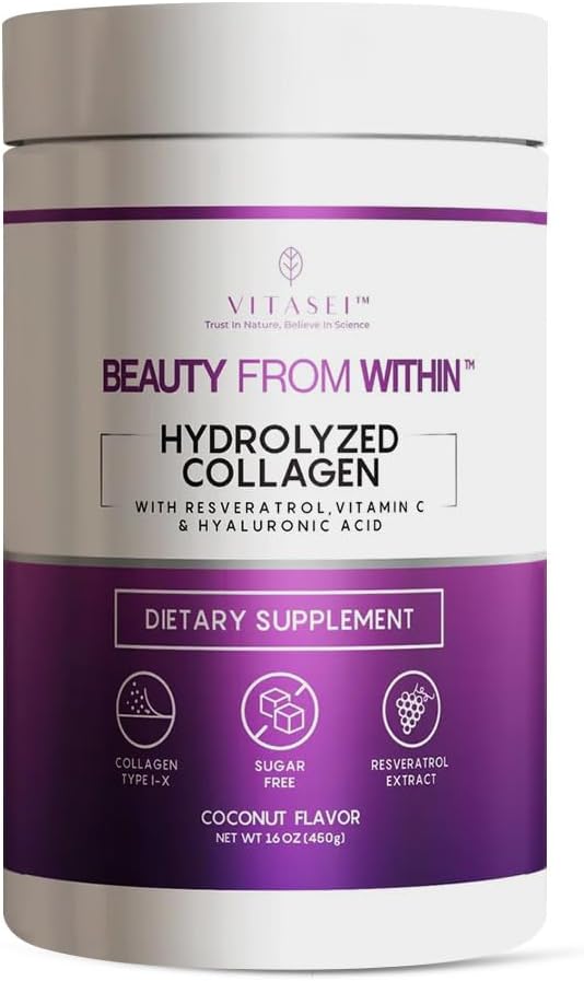 Hydrolyzed Collagen Peptides Powder with Vitamin C & Resveratrol - Hair, Skin and Nails Vitamins for Women & Men - Bone and Joint Supplement - Coconut Flavored - 16 oz