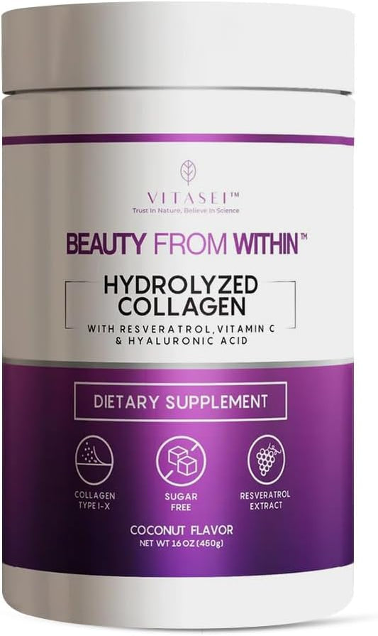 Hydrolyzed Collagen Peptides Powder with Vitamin C & Resveratrol - Hair, Skin and Nails Vitamins for Women & Men - Bone and Joint Supplement - Coconut Flavored - 16 oz