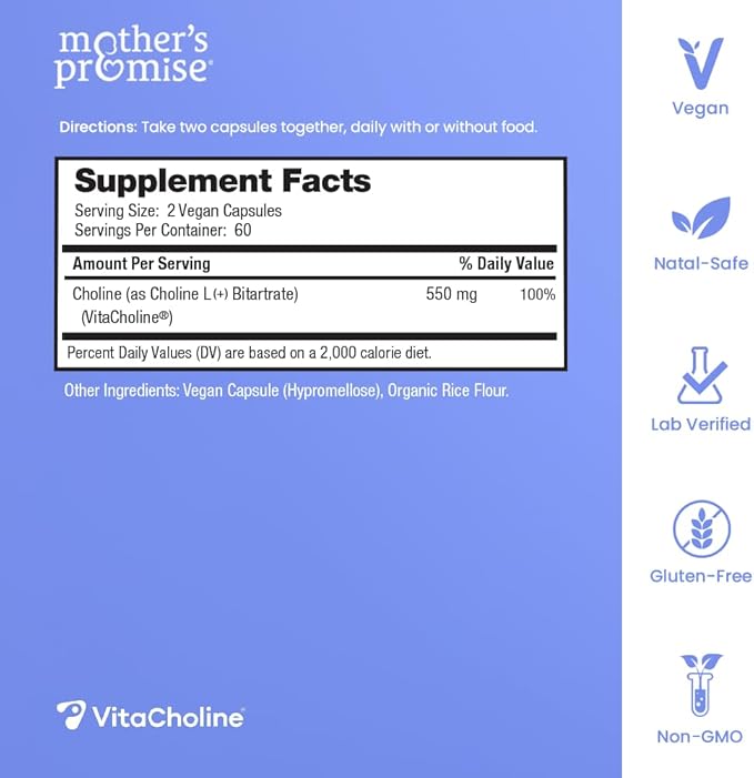 Choline Supplements 550mg | Supports Baby’s Brain Development & Cognitive Function During Pregnancy & Metabolism | Ultra Pure Natal VitaCholine®, Prenatal Choline Bitartrate | 120 Vegan Capsules