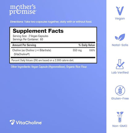 Choline Supplements 550mg | Supports Baby’s Brain Development & Cognitive Function During Pregnancy & Metabolism | Ultra Pure Natal VitaCholine®, Prenatal Choline Bitartrate | 120 Vegan Capsules