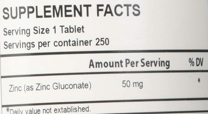 Zinc Gluconate 50 mg 250 Tablets Made in USA Vegetarian/Vegan Zinc Gluconate