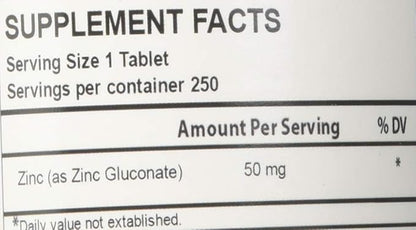 Zinc Gluconate 50 mg 250 Tablets Made in USA Vegetarian/Vegan Zinc Gluconate