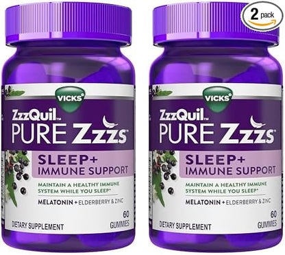 ZzzQuil Pure Zzzs Sleep + Immune Support Melatonin Sleep Aid Gummies with Elderberry, Zinc, Chamomile, Lavender, & Valerian Root, 1mg per Gummy, 60 ct (Pack of 2)