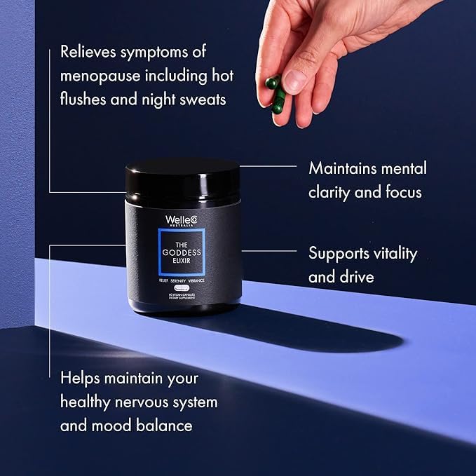 WelleCo The Goddess Elixir Menopause Supplement, Hormone Balance for Women, Supports Perimenopause and Post Menopause, Helps Night Sweats, Hot Flashes, with Vitex, B Vitamins, Red Clover, 60 Capsules