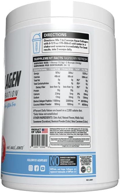 EHP Labs Aqua Hydrolyzed Collagen Peptides Powder - 10g of Protein per Serving, Hydration & Gut Health Support, Grass Fed Pasture-Raised Bovine Collagen, Type I & III, 24 Servings (Raspberry Refresh)