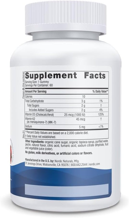 Nordic Naturals Vitamin D3 + K2 Gummies, Pomegranate - 60 Gummies - 1000 IU Vitamin D3 + 45 mcg K2 - Great Taste - Bone Health, Promotes Healthy Muscle Function - Non-GMO - 60 Servings