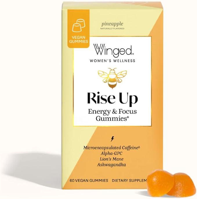 Winged Rise Up Gummies | Energy & Brain Boost Supplement | Natural Caffeine, Ashwagandha & B12 for Energy | Nootropics Alpha-GPC, Lion’s Mane & Huperzine A for Focus | Pineapple Flavor (90 Servings)