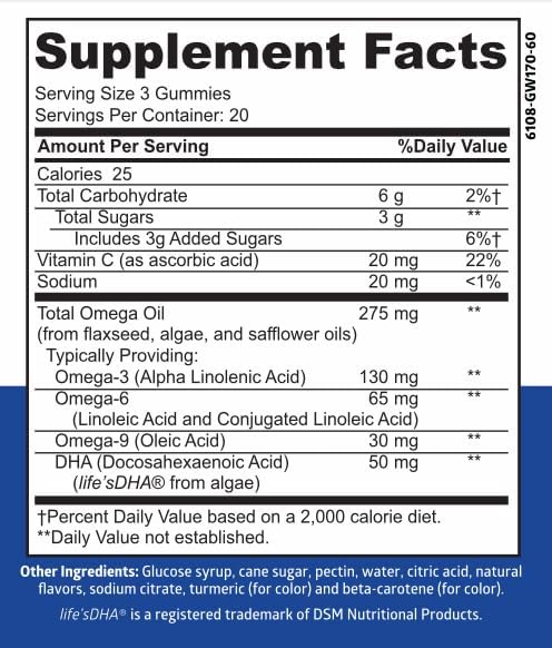 N1N Premium Omega 3 6 9 + DHA Gummies [Vegan, Plant Based] Natural Brain, Immunity and Joint Health Support with Vitamin C, 60 Gummies