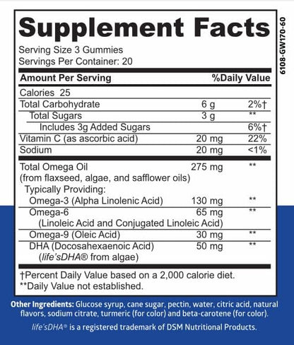 N1N Premium Omega 3 6 9 + DHA Gummies [Vegan, Plant Based] Natural Brain, Immunity and Joint Health Support with Vitamin C, 60 Gummies