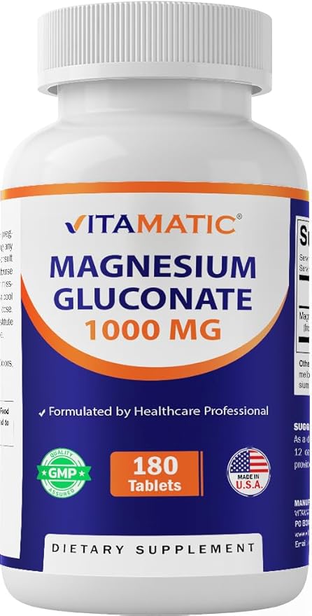 Vitamatic Magnesium Gluconate 1000 mg - 180 Vegetarian Tablets (Uncoated) - Supports Muscle, Nerve, and Heart Health*