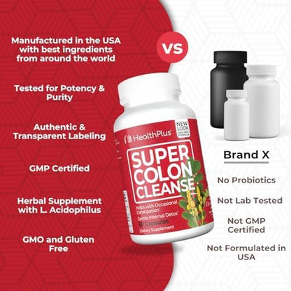 Health Plus Super Colon Cleanse 15 Day Supply of Gentle Gut Cleanse Detox, Psyllium Husk, Probiotics for Constipation Relief & Digestive Support, 60 Capsules