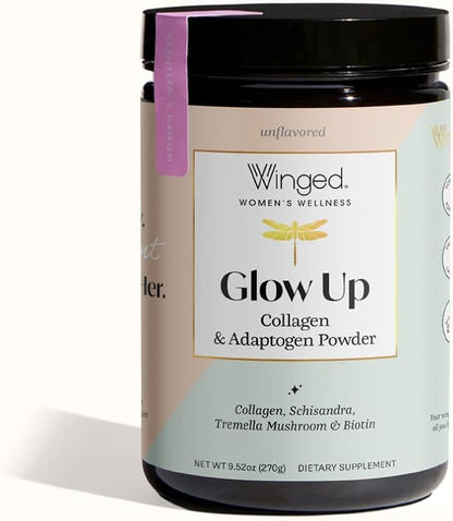 Winged Glow Up Collagen Powder 3 Pack | Hair, Skin, Nails & Stress Relief for Women | Grass Fed Collagen Peptides w/Adaptogen Schisandra, Snow Mushroom, Vitamin C & Biotin | Unflavored (75 Servings)