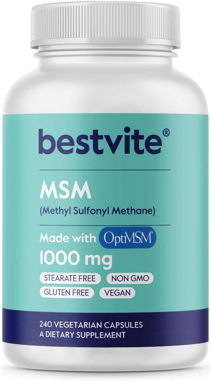 BESTVITE MSM 1000mg Made with OptiMSM (240 Capsules) - No Stearates - GMO Free - Gluten Free - Joint Support