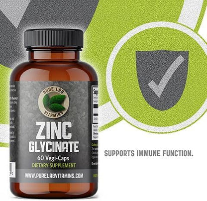 Zinc Glycinate 23 mg Supplement - 60 Vegan Caps by Pure Lab Vitamins - Amino Acid Salt for Healthy Skin & Nails - Supports The Immune System, Prostate, Vision - Made in Canada
