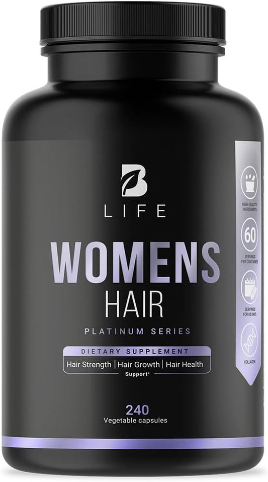 Women's Hair Growth Supplement with Natural Ingredients: Biotin, Hydrolyzed Collagen I & III and Amino Acids | 240 Caps - 60 Days - 10,000 mcg Biotin per Serving | Made in The USA by B Life.