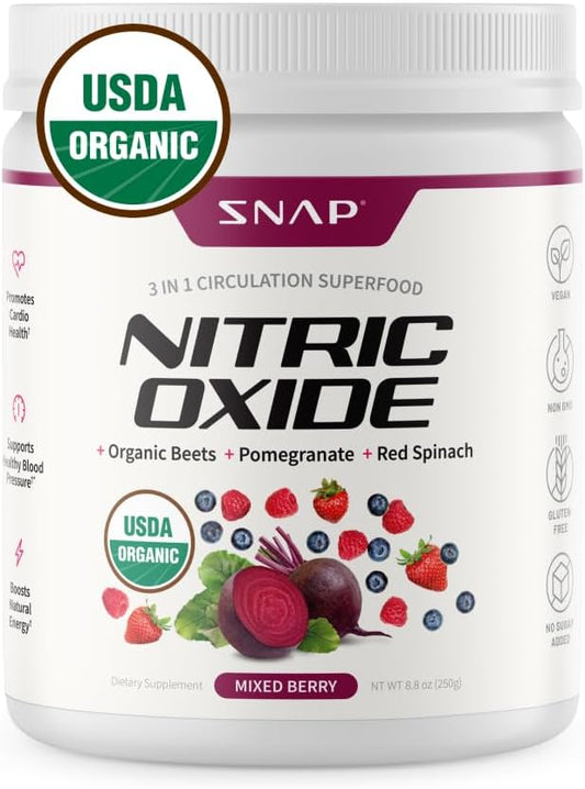 Snap Supplements USDA Organic Beet Root Powder, 3-in-1 Nitric Oxide Supplement, Support Healthy Blood Pressure and Blood Circulation, 250g (30 Servings (Pack of 1), Mixed Berry)