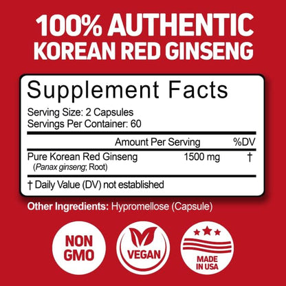Korean Red Panax Ginseng 1500mg - High Potency Ginseng for Energy, Performance & Immune Support for Men & Women - Pure Ceylon Cinnamon Capsules for Enhanced Well-Being - 1500mg per Serving