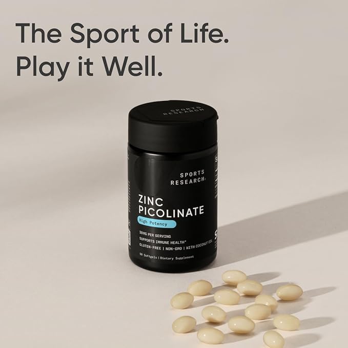 Sports Research High Potency Zinc Picolinate 30mg with Organic Coconut Oil | Highly Absorbable Zinc Supplement for Healthy Immune & Enzyme Function - Non-GMO Tested & Gluten-Free (90 Liquid Softgels)