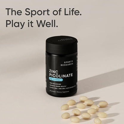Sports Research High Potency Zinc Picolinate 30mg with Organic Coconut Oil | Highly Absorbable Zinc Supplement for Healthy Immune & Enzyme Function - Non-GMO Tested & Gluten-Free (90 Liquid Softgels)