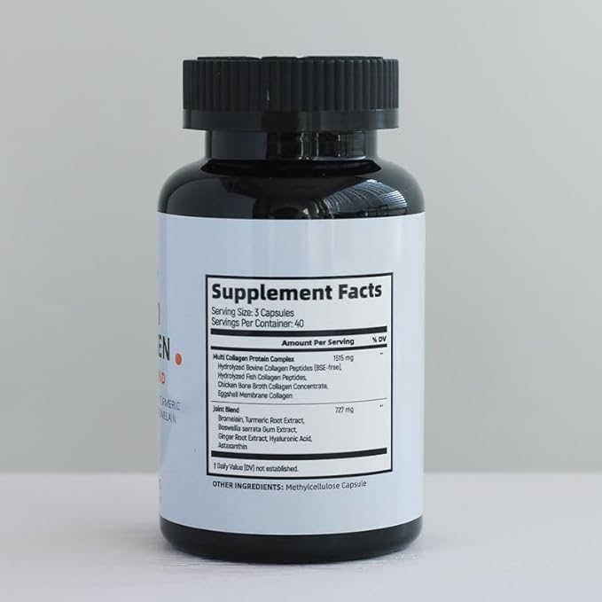 Multi Collagen Complex - 120 Capsules for Men and Women with Type I, II, III, V, X - Hydrolyzed Collagen Peptides, Turmeric Extract Ginger Extract Hyaluronic Acid for Bone and Joint Support Hair Skin