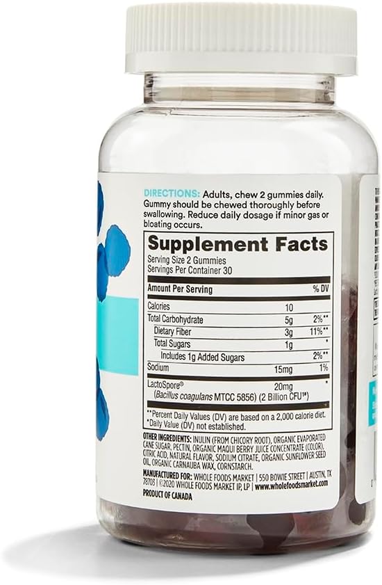 365 by Whole Foods Market, Probiotic + Fiber Gummies 2 Billion CFU, Natural Blue Raspberry Flavor, 60 ct